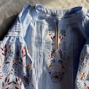 blue linen embroidered blouse, ukrainian vyshyvanka blouse, wildflower peasant linen top, handmade ukrainian designer boho top image 6