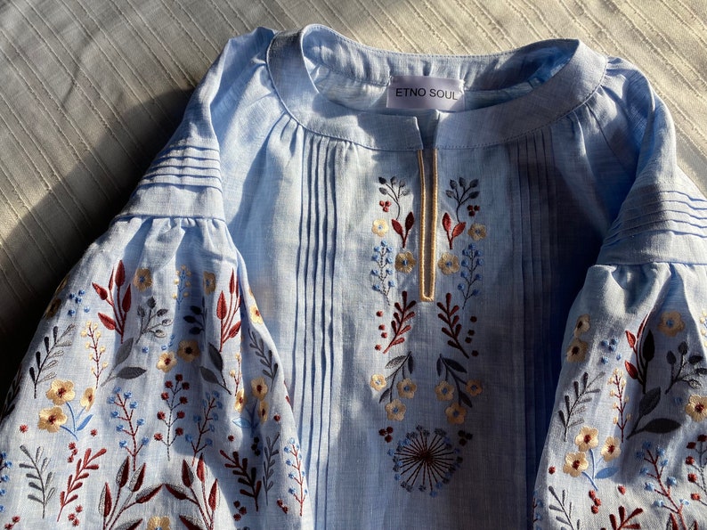 blue linen embroidered blouse, ukrainian vyshyvanka blouse, wildflower peasant linen top, handmade ukrainian designer boho top image 6