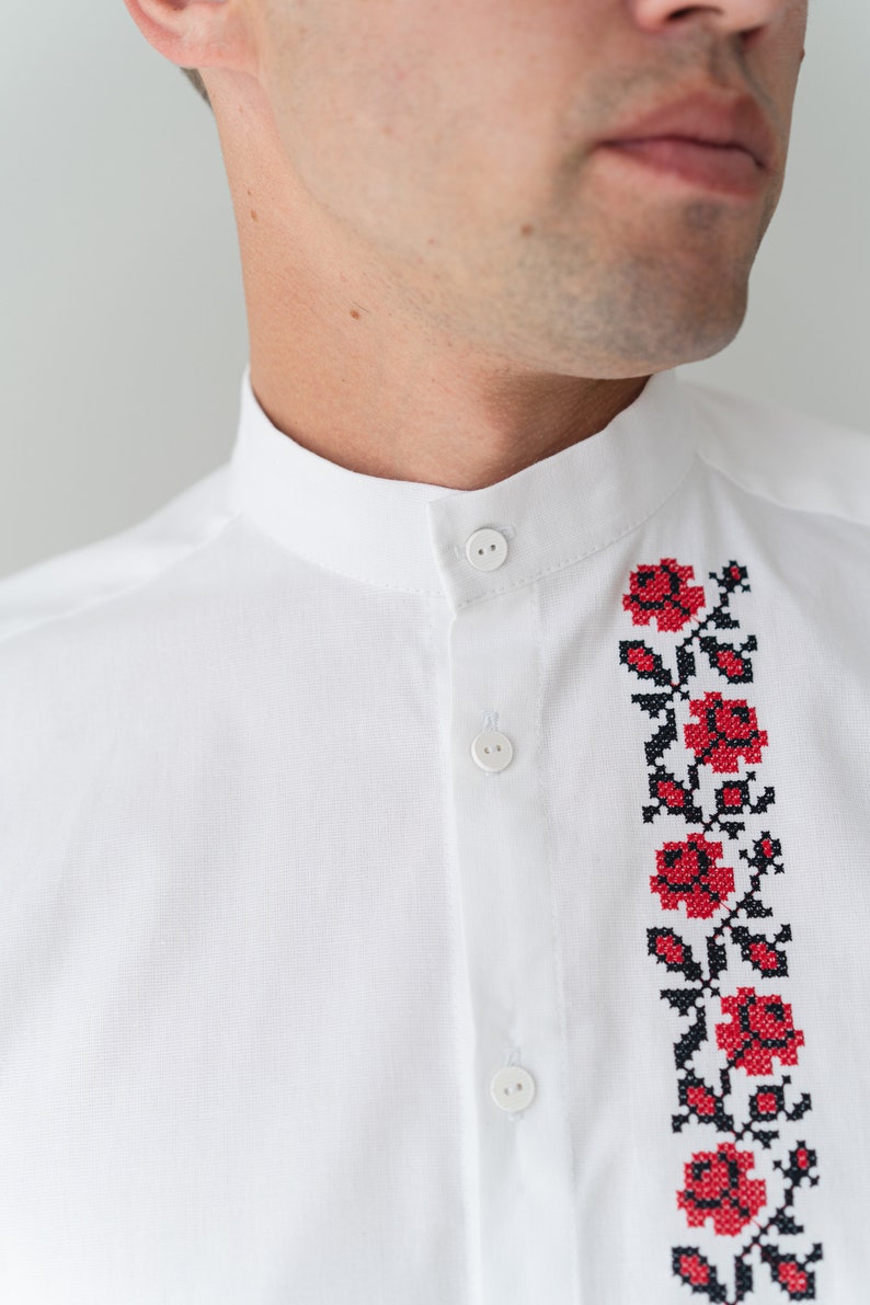 floral embroidery folk shirt, handmade ukrainian shirt vyshyvanka men, custom made classic white linen shirt image 8