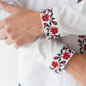 floral embroidery folk shirt, handmade ukrainian shirt vyshyvanka men, custom made classic white linen shirt image 6