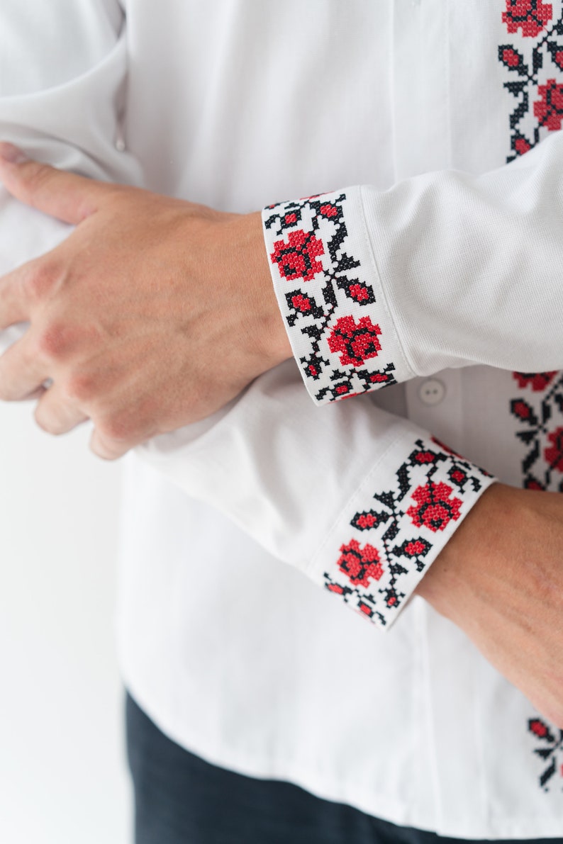 floral embroidery folk shirt, handmade ukrainian shirt vyshyvanka men, custom made classic white linen shirt image 6