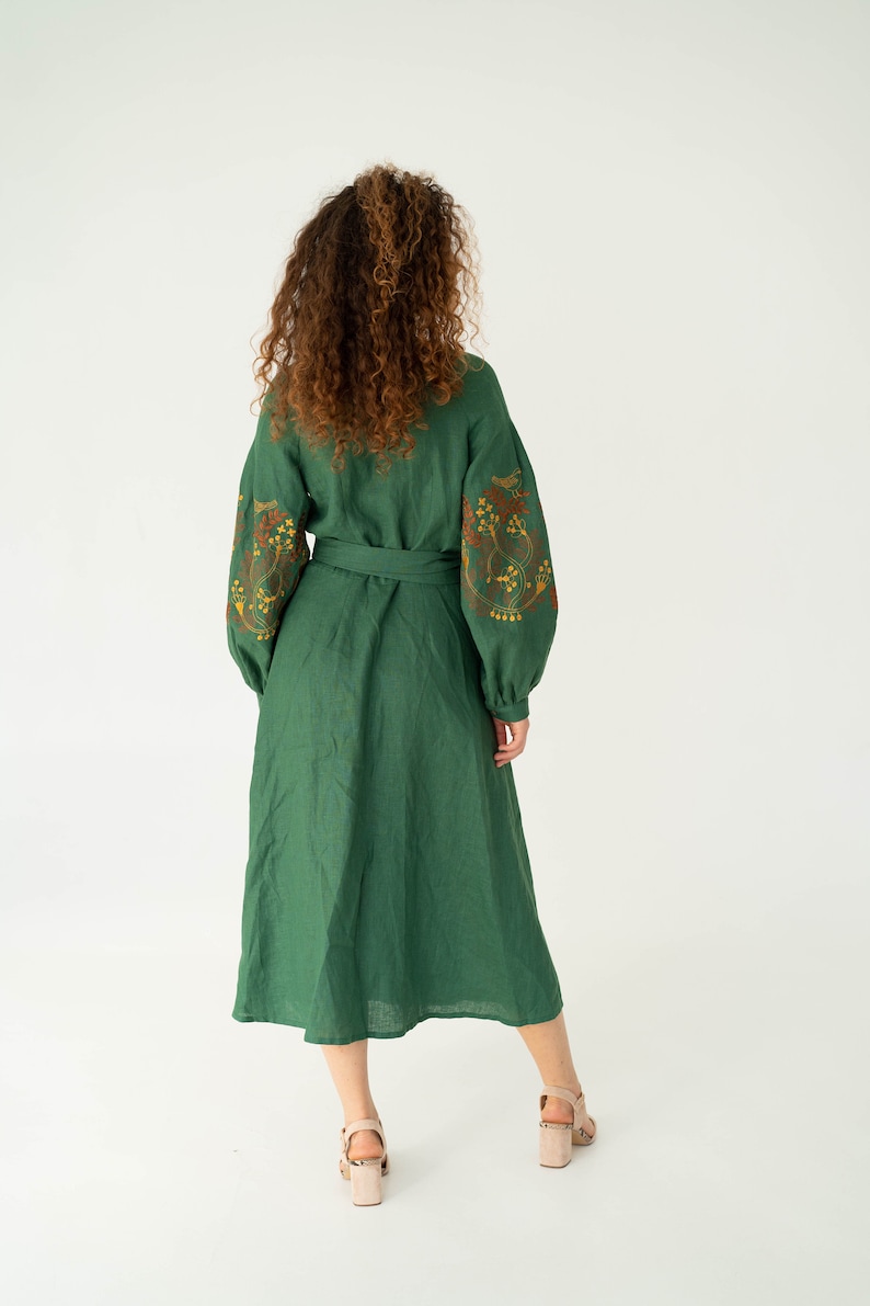 forest green linen dress, floral embroided linen wrap dress, midi ukrainian dress image 4