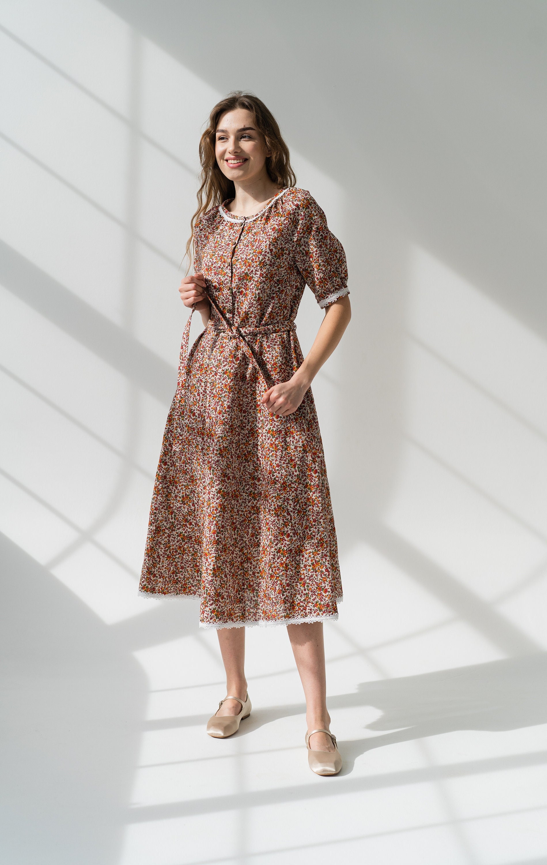 floral linen dress, cottagecore country linen bridesmaid dress, button front dress, liberty print dress