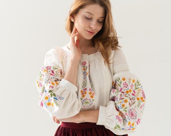 ivory linen blouse with floral embroidery, colorful wildflower blouse, ukrainian vyshyvanka blouse