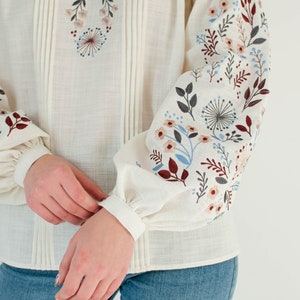floral ukrainian blouse, ivory linen peasant blouse, modern vyshyvanka, folk embroidered hungarian blouse long sleeve image 8