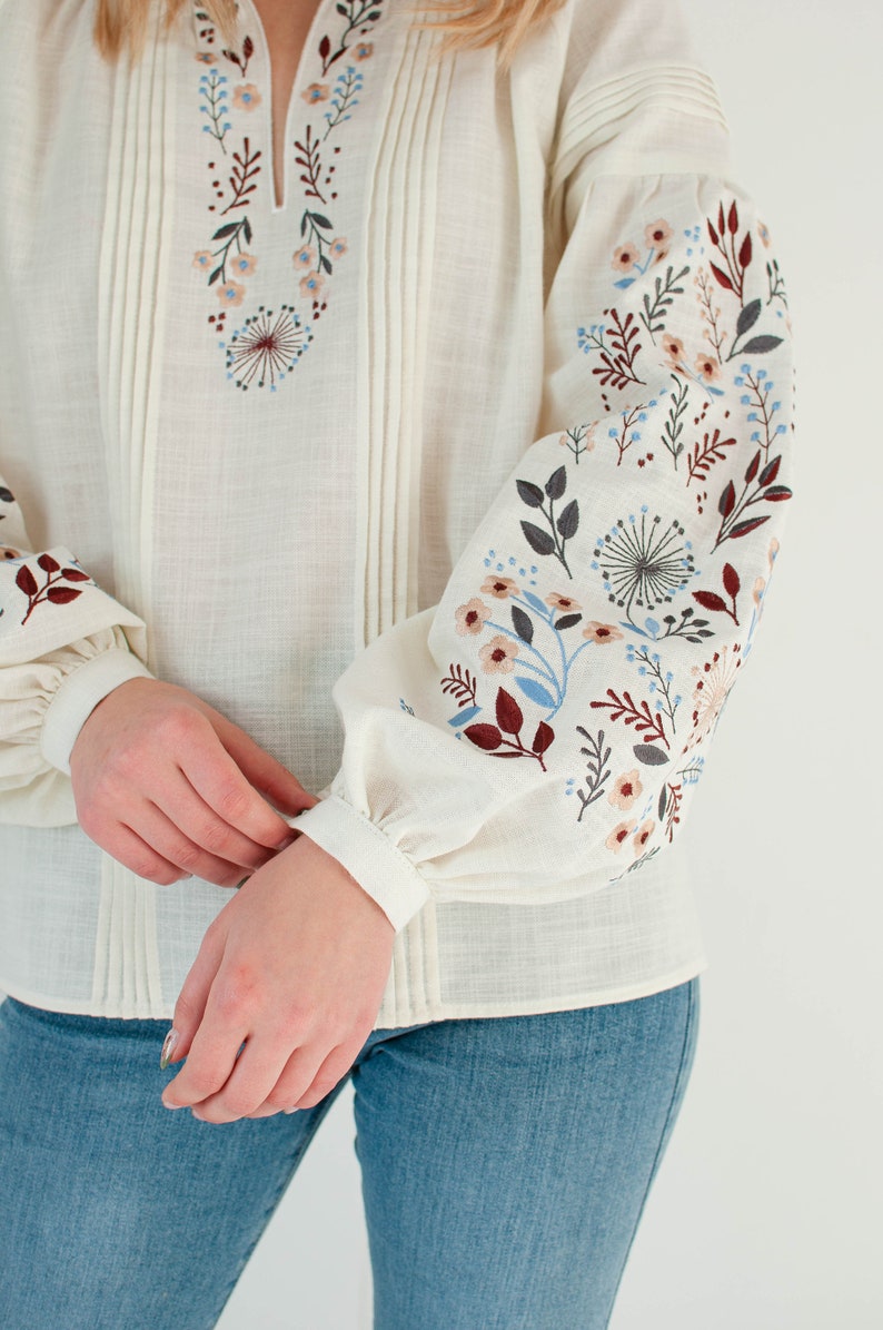 floral ukrainian blouse, ivory linen peasant blouse, modern vyshyvanka, folk embroidered hungarian blouse long sleeve image 8