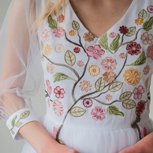 romantic floral wedding dress, colorful embroidered tulle wedding dress, fairy wedding dress, modest a line wedding dress image 8
