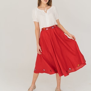 floral embroidered linen skirt, handmade ukrainian skirt, red folk skirt in vintage style, high waisted linen skirt