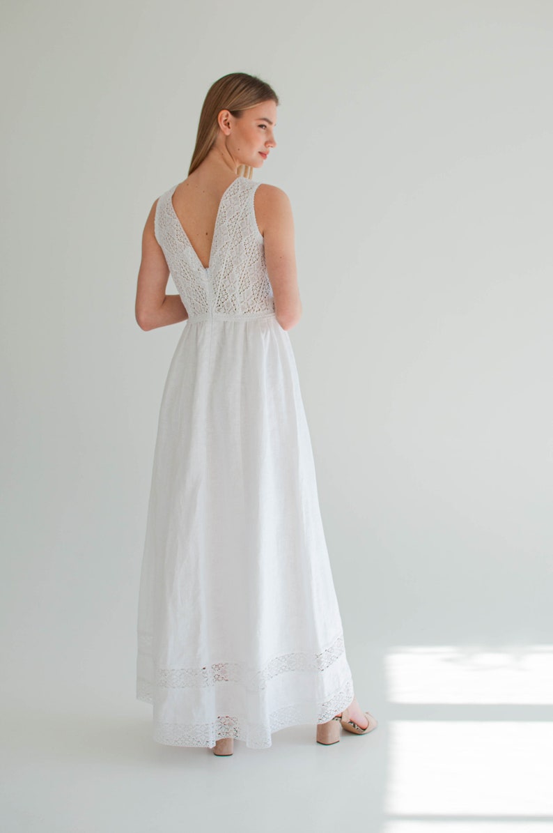 white linen dress, linen slip dress, lace linen wedding dress, boho linen sunderss women, elopement dress image 6