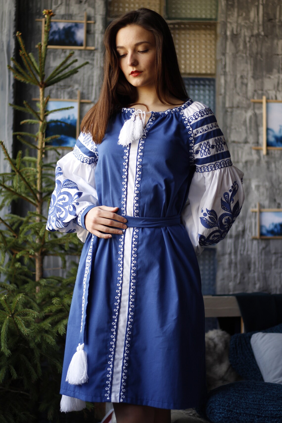 Dark blue vyshyvanka dress ukrainian embroidered dress Etsy