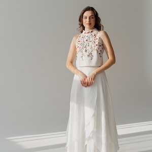 floral embroidered wedding dress, high low linen wedding dress, two piece wedding dress, wedding separates top and asymmetrical skirt image 3