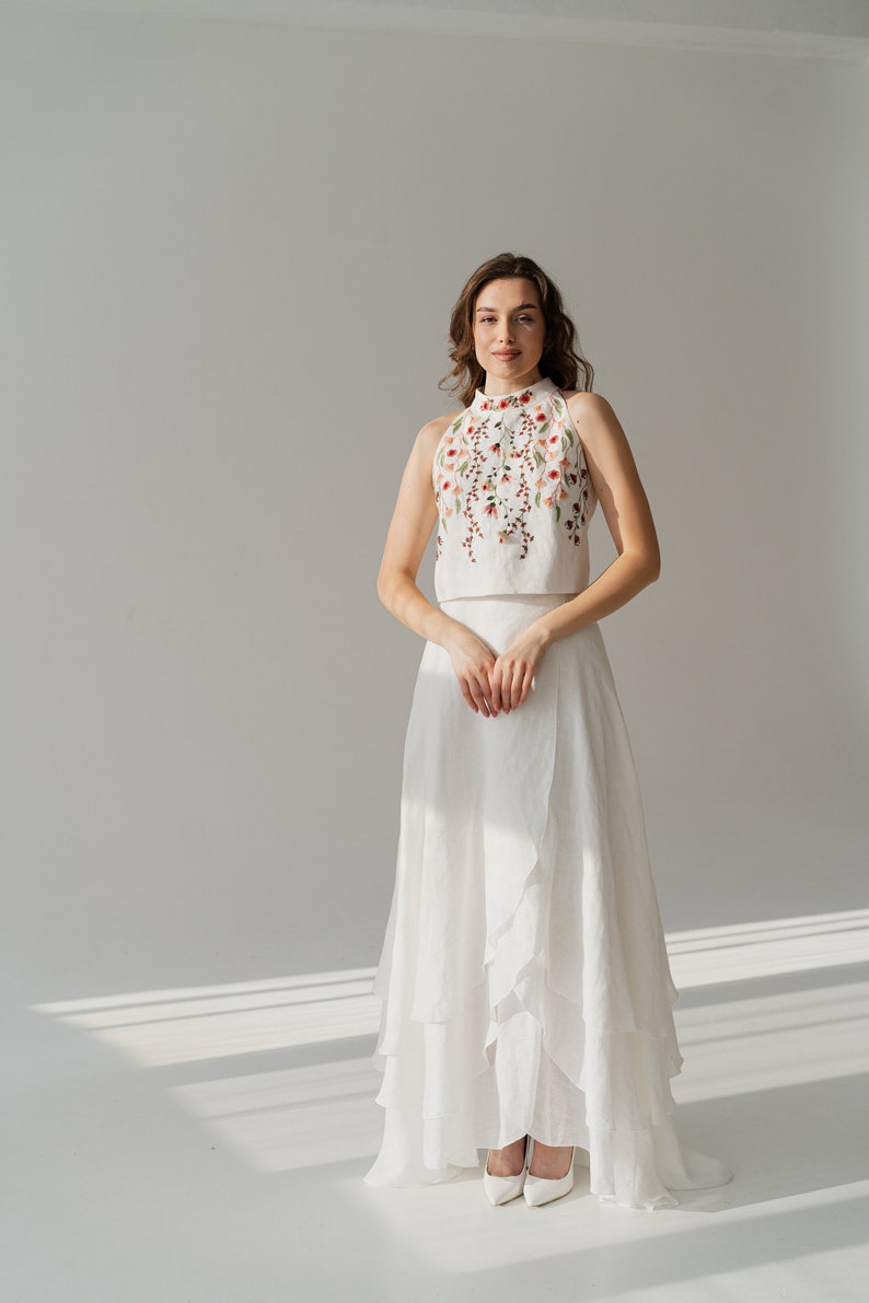 floral embroidered wedding dress, high low linen wedding dress, two piece wedding dress, wedding separates top and asymmetrical skirt image 3