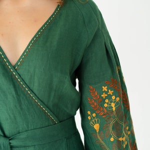forest green linen dress, floral embroided linen wrap dress, midi ukrainian dress image 8