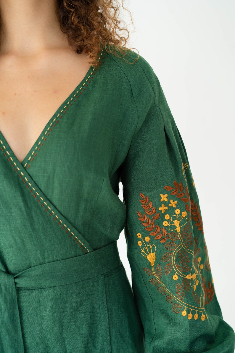 forest green linen dress, floral embroided linen wrap dress, midi ukrainian dress image 8