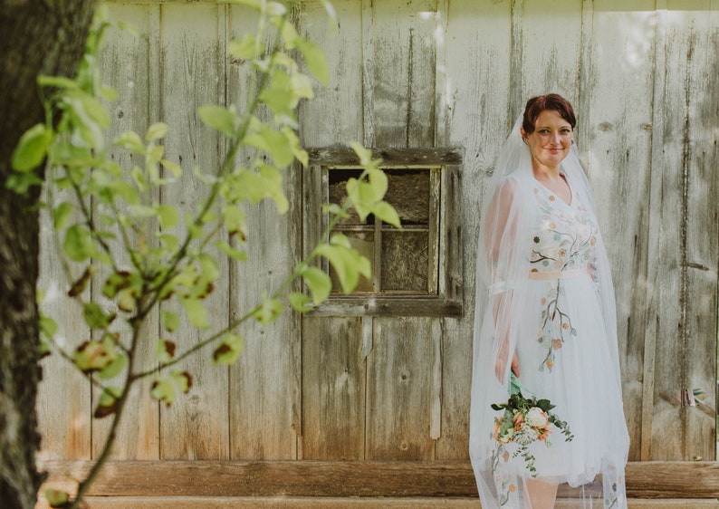 romantic floral wedding dress, colorful embroidered tulle wedding dress, fairy wedding dress, modest a line wedding dress image 2