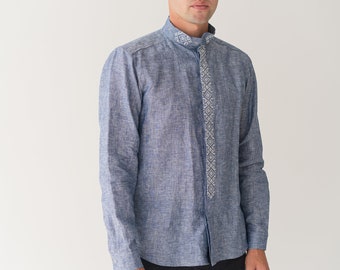 denim linen button up shirt men, embroidered ukrainian shirt, casual mens linen shirt with long sleeves