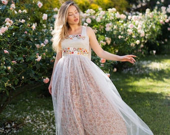 floral linen wedding dress, wildflower embroiderd wedding dress, tie strap rustic forest wedding dress, boho wedding dress alternative