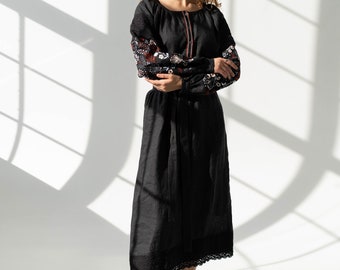 wildflower black linen dress, embroidered ukrainian dress, handmade vyshyvanka dress