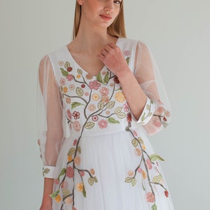 romantic floral wedding dress, colorful embroidered tulle wedding dress, fairy wedding dress, modest a line wedding dress image 10