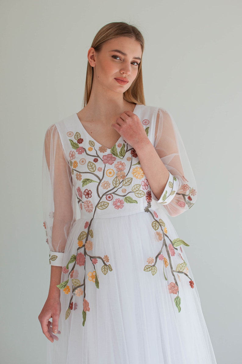 romantic floral wedding dress, colorful embroidered tulle wedding dress, fairy wedding dress, modest a line wedding dress image 10