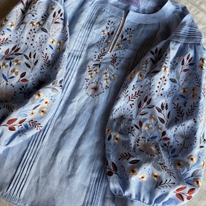 blue linen embroidered blouse, ukrainian vyshyvanka blouse, wildflower peasant linen top, handmade ukrainian designer boho top image 2