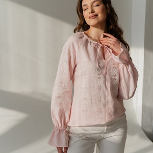 blush pink linen blouse for women, floral embroidered ukrainian vyshyvanka blouse, ruffle sleeve blouse vintage style