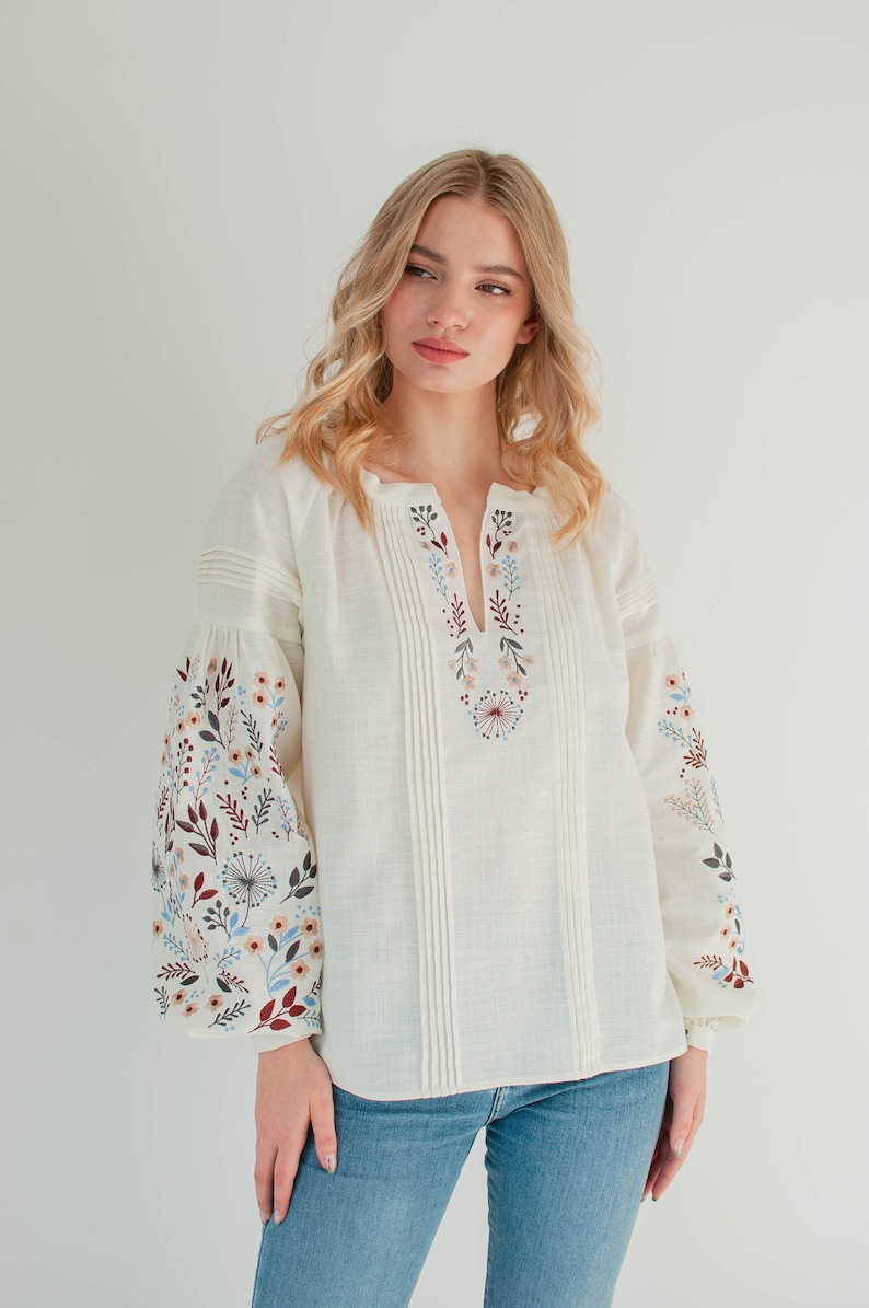 floral ukrainian blouse, ivory linen peasant blouse, modern vyshyvanka, folk embroidered hungarian blouse long sleeve image 1