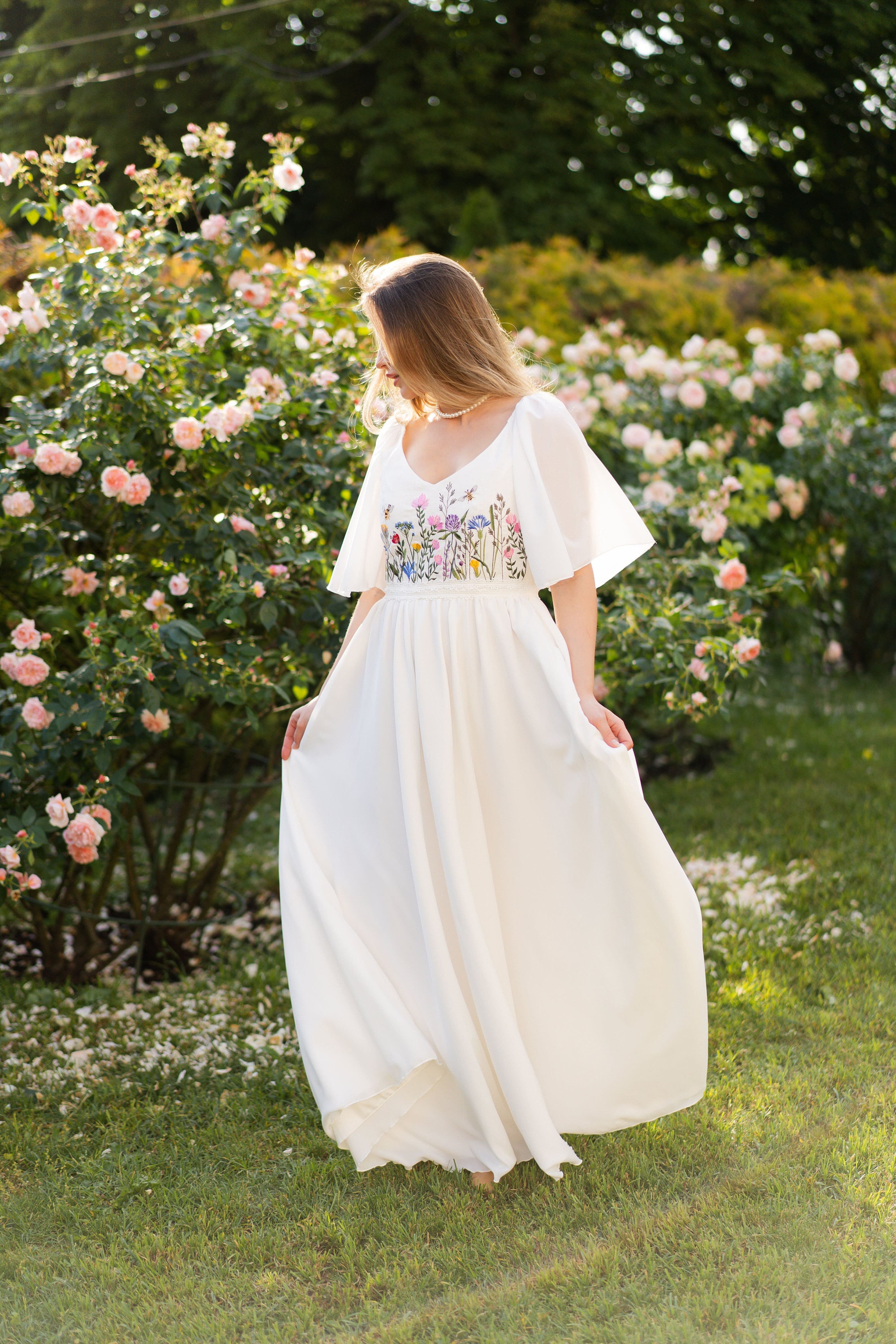 wildflower embroidered wedding dress, colorful floral wedding dress, boho chiffon dress sleeves