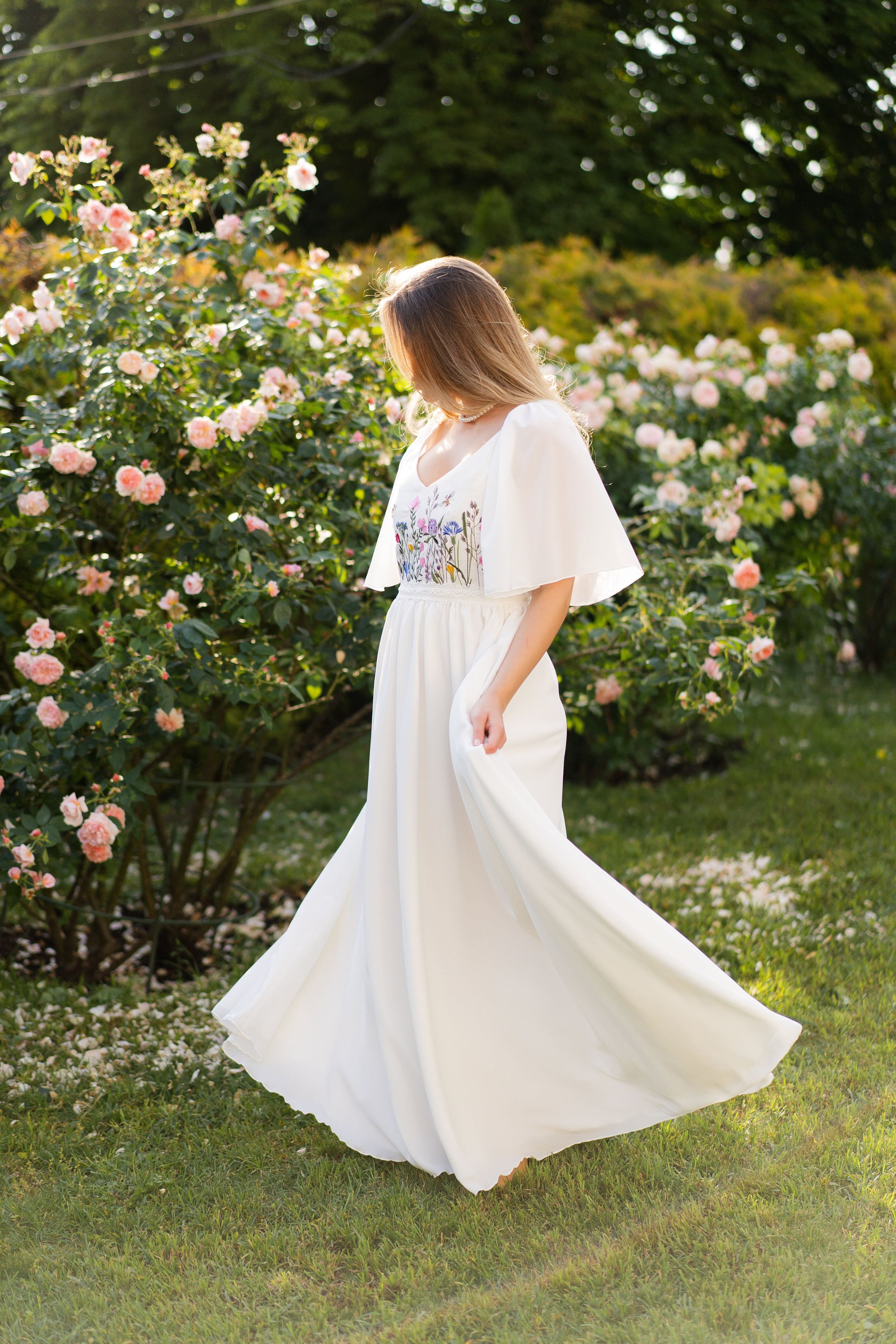 wildflower embroidered wedding dress, colorful floral wedding dress, boho chiffon dress sleeves wildflower embroidered wedding dress, colorful floral wedding dress, boho chiffon dress sleeves