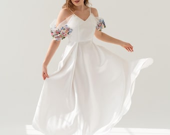 colorful embroidered floral wedding dress, off white satin wedding dress tulle sleeves, strap wedding dress, non traditional wedding dress