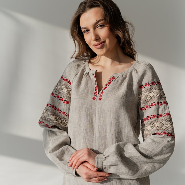 ukrainian blouse vintage inspired, floral linen peasant blouse, embroidered vyshyvanka blouse