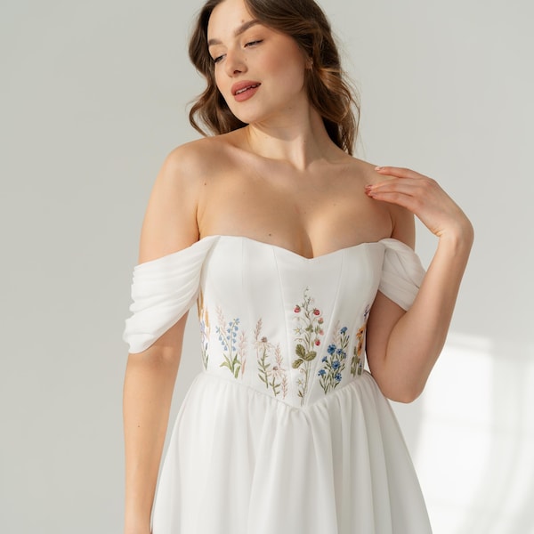 embroidered floral corset wedding dress, off shoulder satin wedding dress, romantic fairy wedding dress non traditional