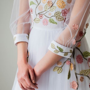romantic floral wedding dress, colorful embroidered tulle wedding dress, fairy wedding dress, modest a line wedding dress image 7