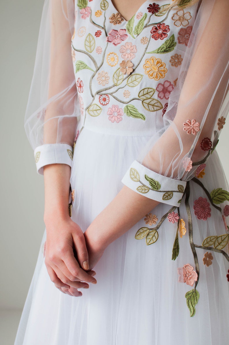 romantic floral wedding dress, colorful embroidered tulle wedding dress, fairy wedding dress, modest a line wedding dress image 7