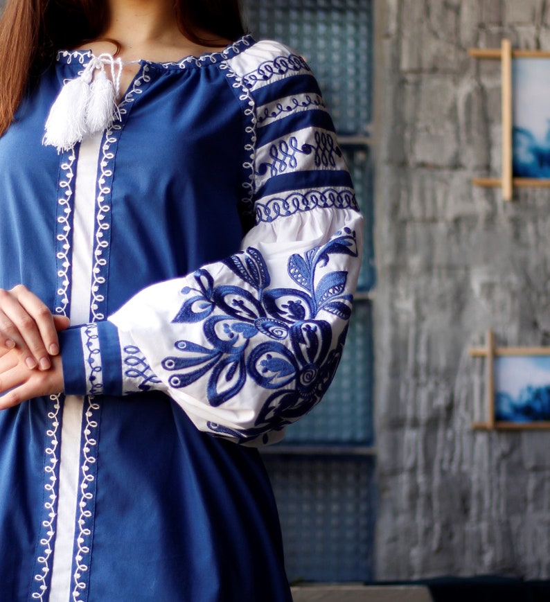 ukrainian embroidered dress voluminous balloon sleeve short kaftan boho chic bohemian caftan authentic wear slav dark blue vyshyvanka dress
