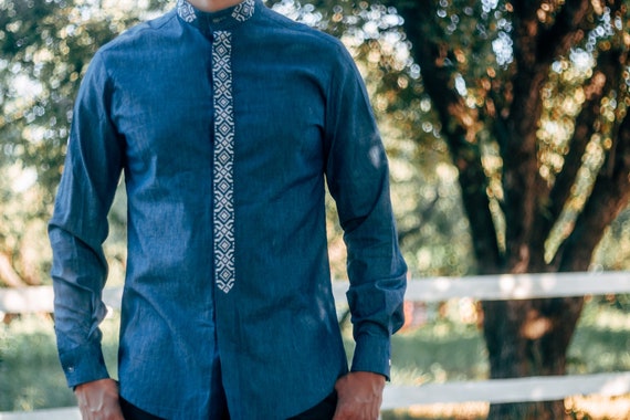 Blue slavic shirt vyshyvanka men formal shirt button up | Etsy