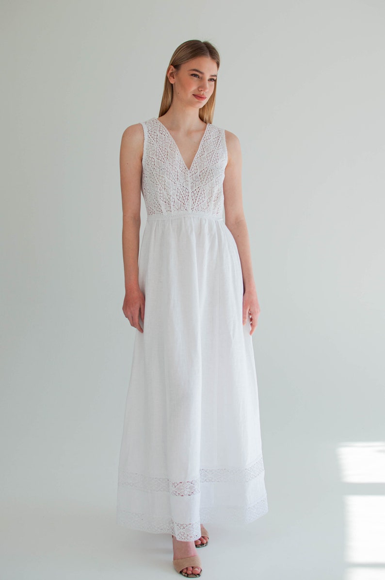 white linen dress, linen slip dress, lace linen wedding dress, boho linen sunderss women, elopement dress image 7