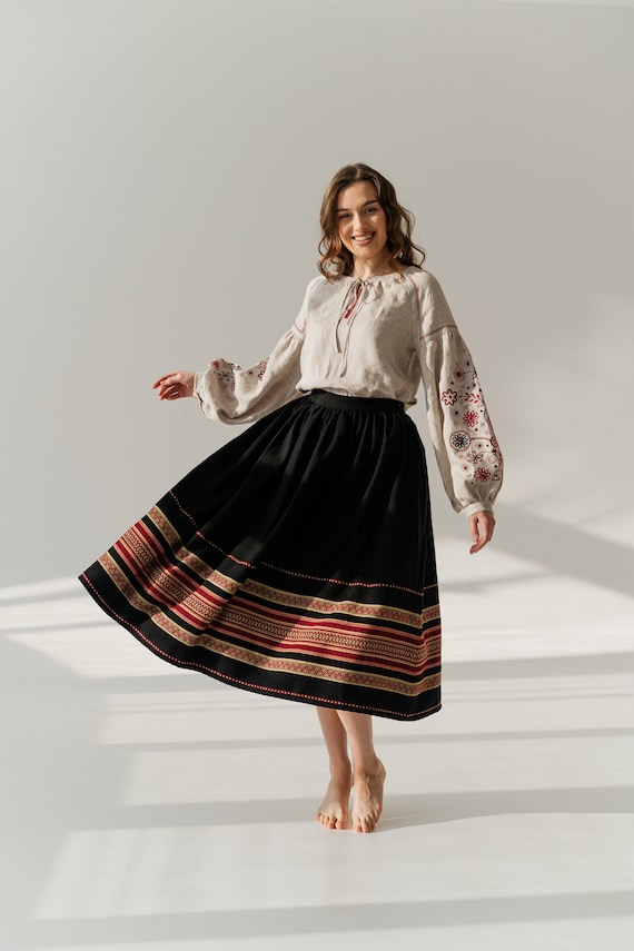 Black Folk Skirt Traditional Ukrainain Skirt Vintage Style Skirt High Waisted Circle Skirt With Pockets Etsy Canada