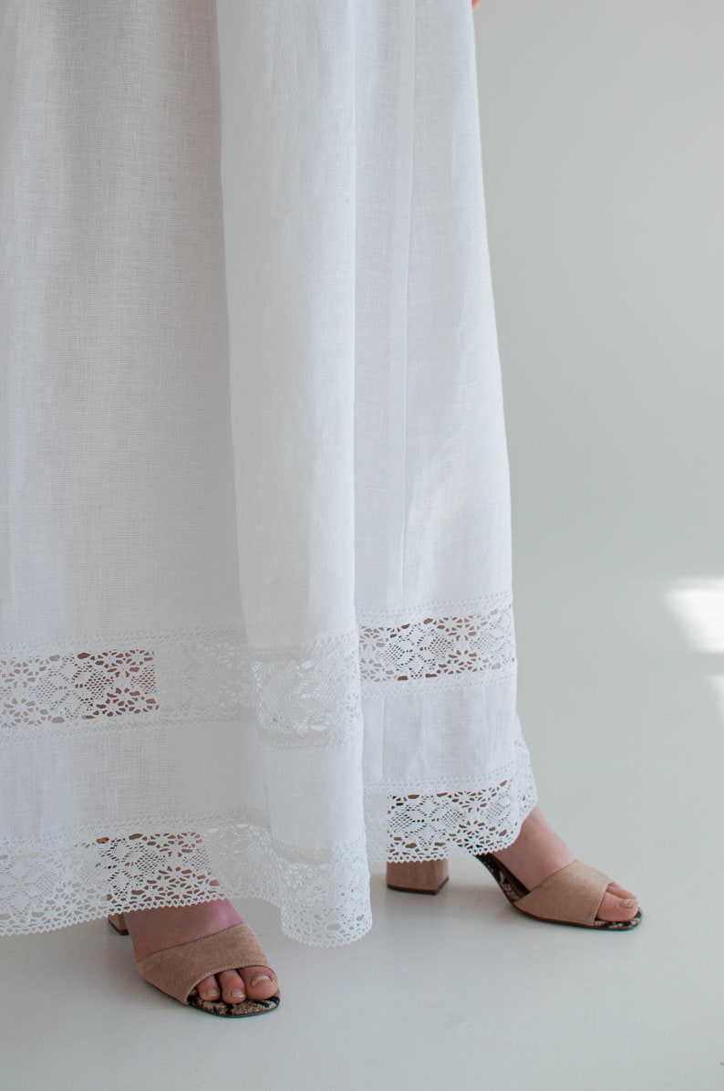 white linen dress, linen slip dress, lace linen wedding dress, boho linen sunderss women, elopement dress image 5