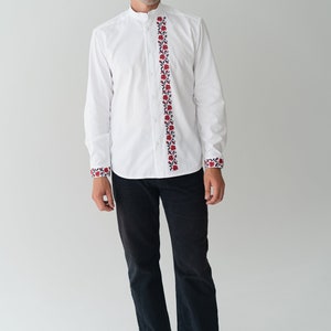 floral embroidery folk shirt, handmade ukrainian shirt vyshyvanka men, custom made classic white linen shirt image 5