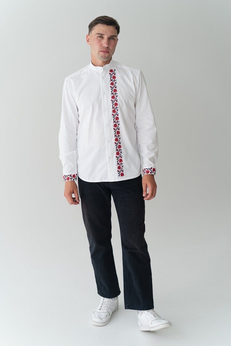 floral embroidery folk shirt, handmade ukrainian shirt vyshyvanka men, custom made classic white linen shirt image 5