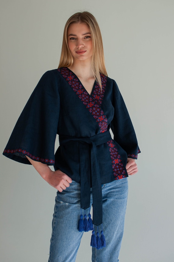 ukrainian embroidered vyshyvanka blouse, bell sleeve wrap top, navy blue blouse, summer linen top women