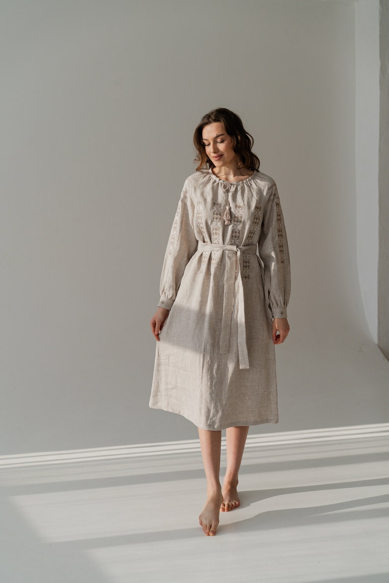 linen ukrainian embroidered dress, vyshyvanka dress, loose linen shirt dress, casual linen dress zdjęcie 10