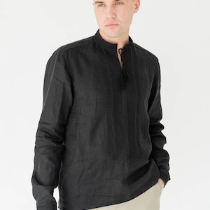 embroidered black linen shirt men, ukrainian linen vyshyvanka men long sleeve, linen ukrainian shirt