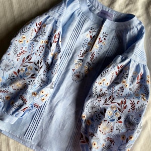 blue linen embroidered blouse, ukrainian vyshyvanka blouse, wildflower peasant linen top, handmade ukrainian designer boho top image 9