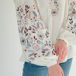 floral ukrainian blouse, ivory linen peasant blouse, modern vyshyvanka, folk embroidered hungarian blouse long sleeve image 7