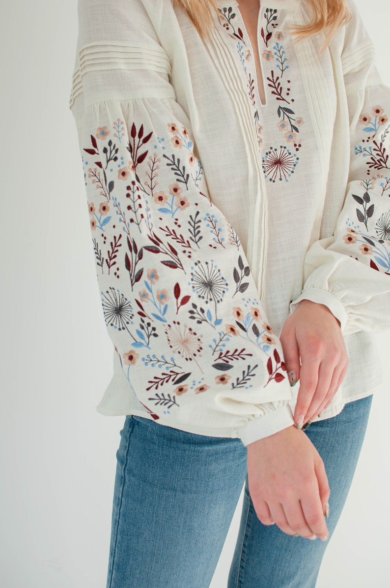 floral ukrainian blouse, ivory linen peasant blouse, modern vyshyvanka, folk embroidered hungarian blouse long sleeve image 7