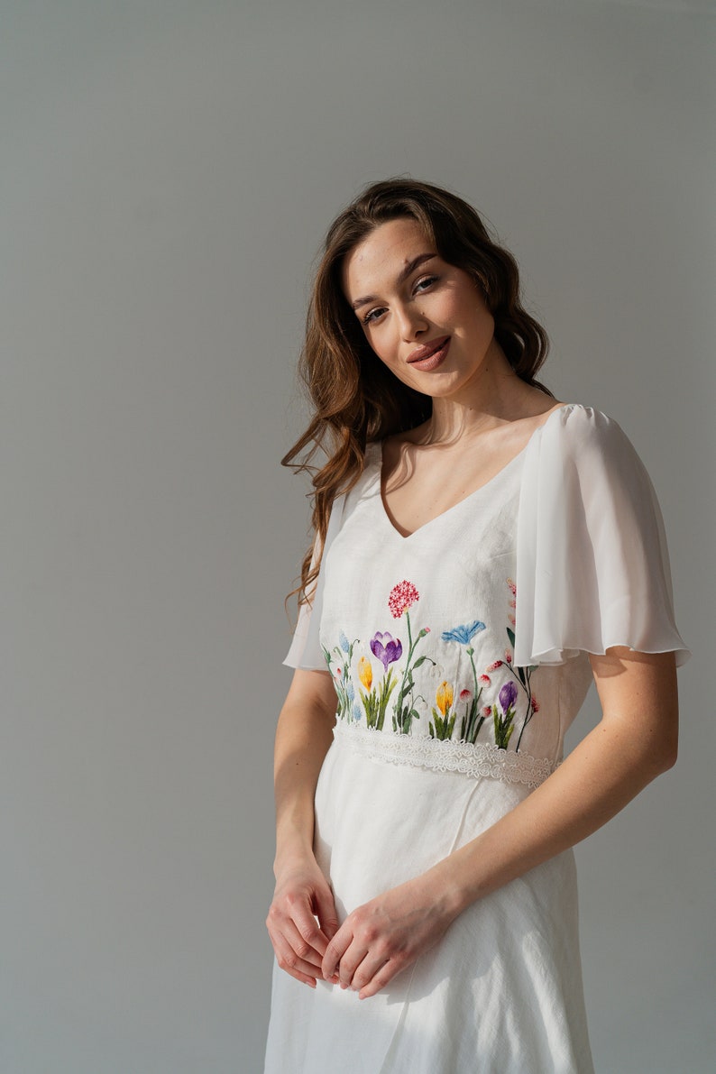 hand embroidered wedding dress, wildflower chiffon wedding dress, colotful floral wedding dress, handmade ukrainian dress image 5