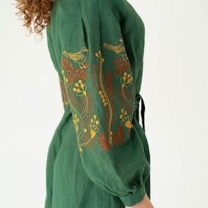 forest green linen dress, floral embroided linen wrap dress, midi ukrainian dress image 5