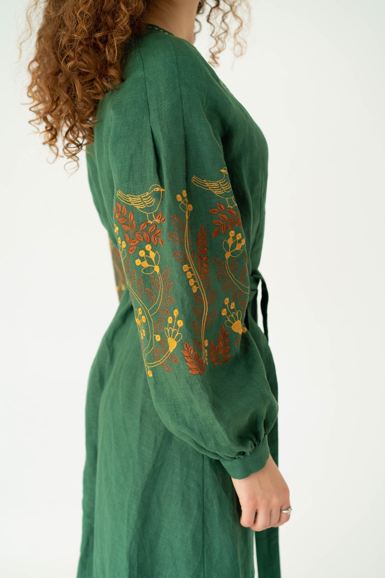 forest green linen dress, floral embroided linen wrap dress, midi ukrainian dress image 5